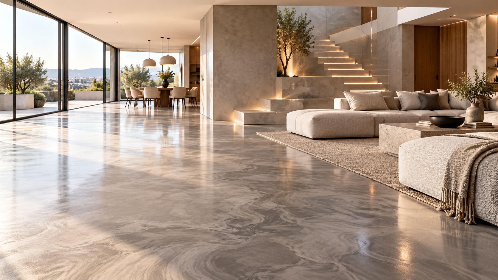 Interiores que fluyen: Suelos, escaleras y paredes con continuidad visual.