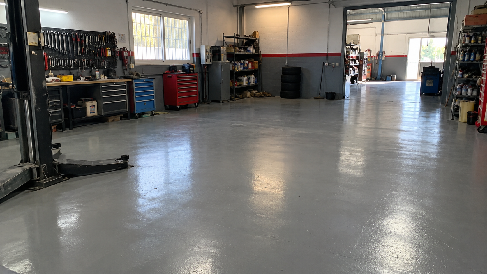Suelo epoxi gris en un taller de uso profesional