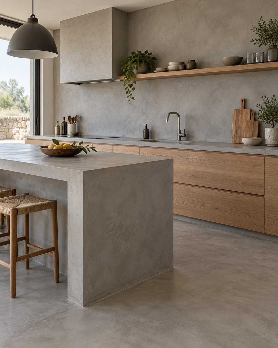 Cocina con isla, encimera, paredes y suelo de microcemento